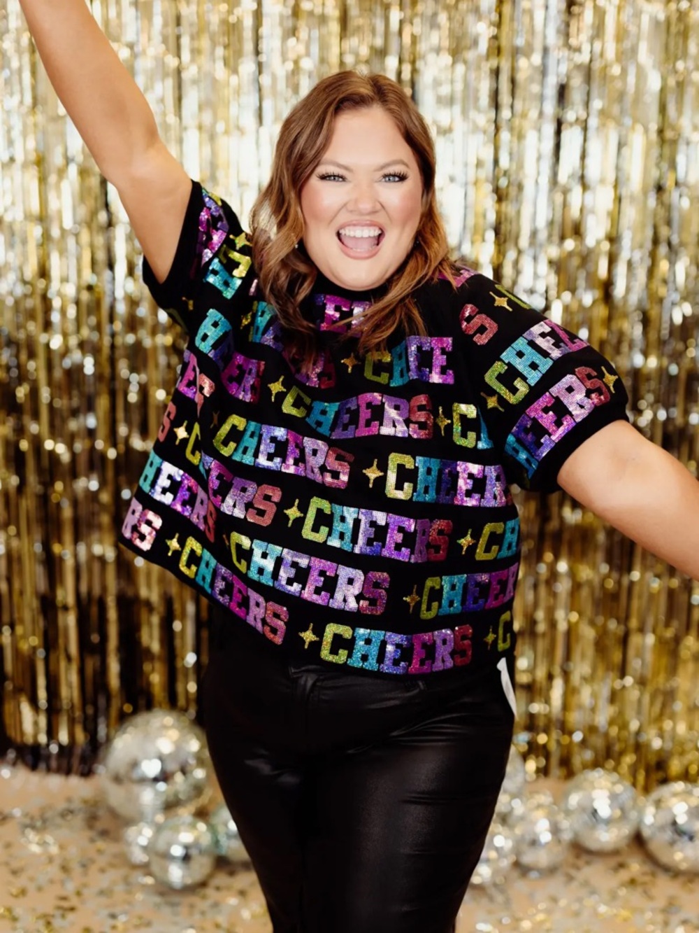Queen of Sparkles Black Rainbow Cheers All Over Top XL
